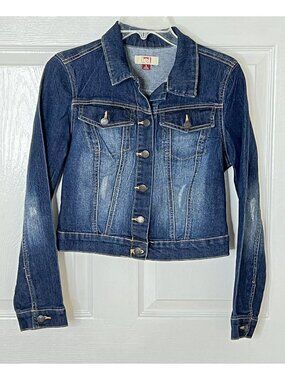 L.E.I. Jean Jacket Girls Junior Small Blue Dark Wash Distressed Stretch Denim